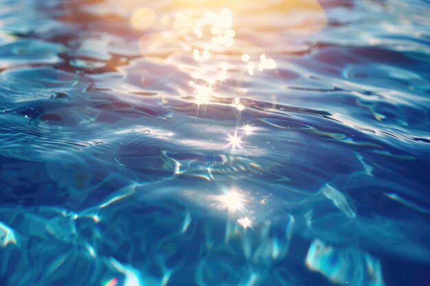 Blaue Wasseroberfläche mit hellen Sonnenlichtreflexen Wasser im Schwimmbad Hintergrund Nahaufnahme