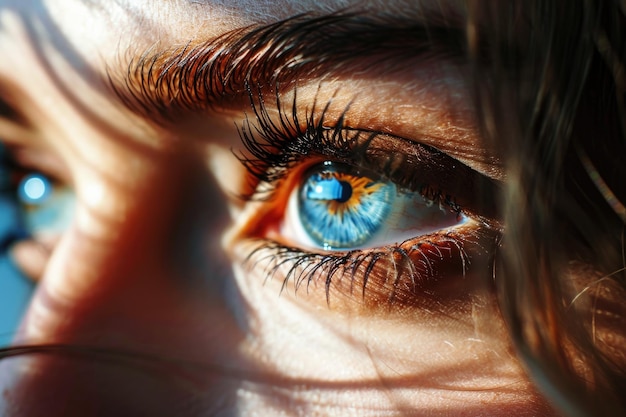 Blaue weibliche Augen verschließen das Sonnenlicht