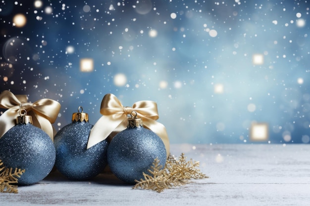 Blaue Weihnachtskugeln mit braunen Ornamenten und Schleifen auf Glitzer-Bokeh-Hintergrund Weihnachtsfeiertag und festliches Dekorationskonzept Generative KI-Illustration
