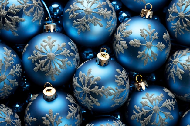 Blaue Weihnachtskugeln mit Schneeflockenhintergrund