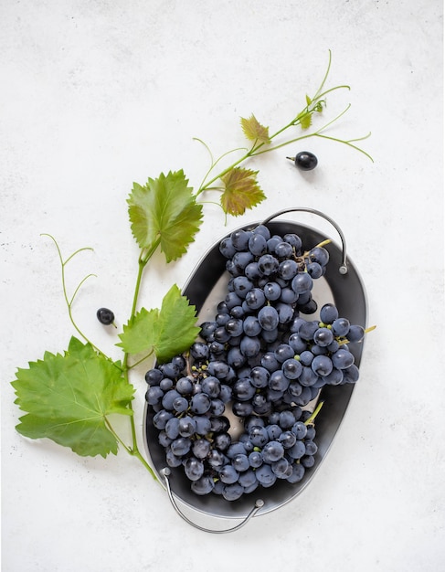 Blaue Weintrauben auf einer Platte auf einem hellen Hintergrund