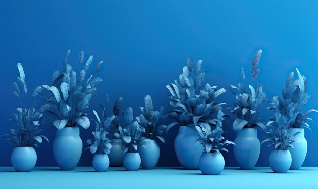 Blaue Zimmerpflanzen in blauen Töpfen entwerfen Hintergrund