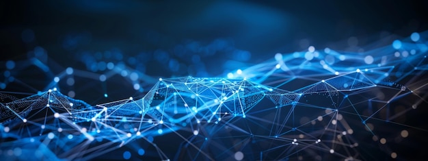 Blauer abstrakter Hintergrund mit einem Netzwerk-Gitter und Partikeln, die mit der Scifi-Digitaltechnologie verbunden sind