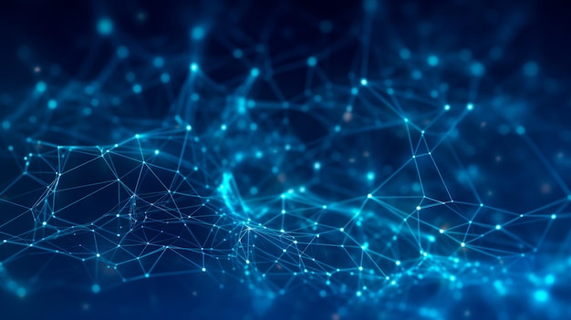 Blauer abstrakter Hintergrund mit einem Netzwerk-Gitter und verbundenen Partikeln Generative KI