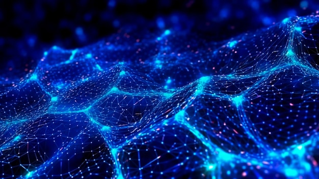 Blauer abstrakter Hintergrund mit einem Netzwerkgitter und Partikeln, die mit generativer KI verbunden sind