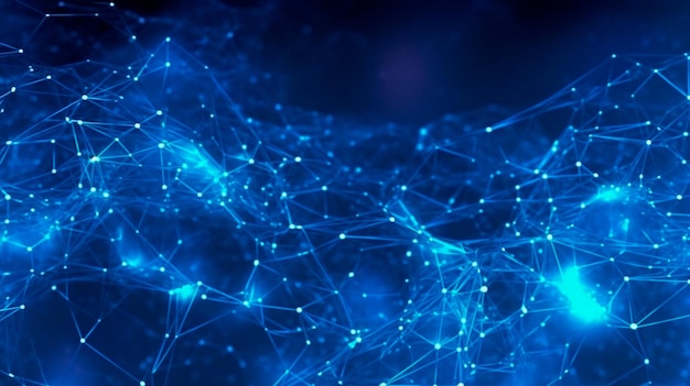 Blauer abstrakter Hintergrund mit einem Netzwerkgitter und Partikeln, die mit generativer KI verbunden sind