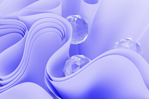 Blauer abstrakter Hintergrund mit Falten oder Bandwellen und Kristallkugeln 3D-Rendering