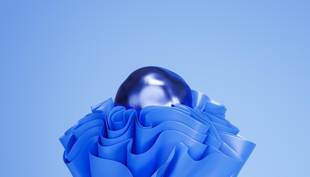 Foto blauer abstrakter hintergrund mit falten oder bandwellen und metallkugel 3d-rendering