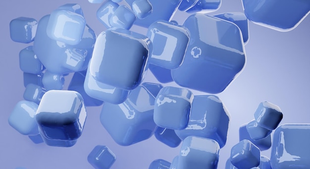 Blauer abstrakter Hintergrund von schwebenden 3D-Netzen Moderne pastellfarbene Kunststoffwürfel 3D-Rendering-Design von abstrakten kubischen Mustern Abstrakte Mock-up-Szene in Pastellfarben