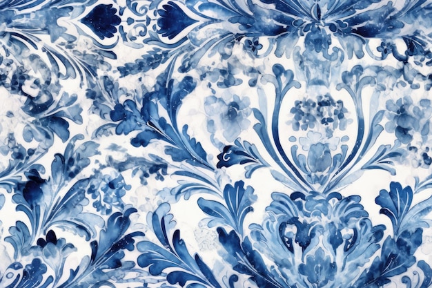 Blauer Aquarell-Damast mit handgezeichnetem Blumenmuster. Kontinuität der Design-Fliesendekoration