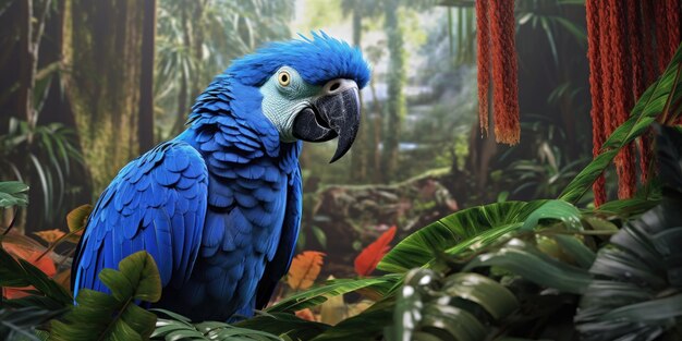 Blauer Ara-Papagei auf einem Ast, Nahaufnahme. Hochwertiges Foto, generative KI