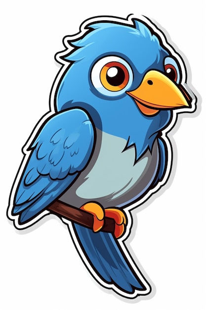 Blauer Cartoon-Vogel sitzt auf einem Ast mit weißem Hintergrund und generativer KI