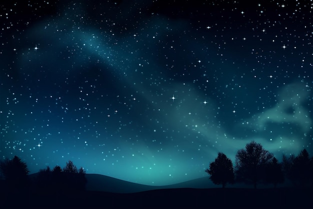 Blauer, dunkler Nachthimmel mit vielen Sternen über einem Baumfeld. Milchstraßenhintergrund. KI-generierter Inhalt