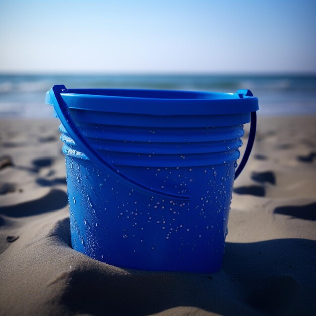 Foto blauer eimer auf dem strand ozean sand