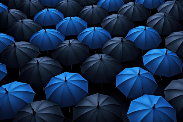 Foto blauer einzigartiger regenschirm zeichnet sich im meer der schwarzen regenschirme aus 3d-illustration der führung