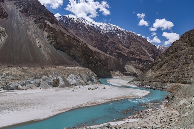 Blauer Fluss und Himmel, wunderschöne Landschaft, Nordindien-Route, Leh, Ladakh, Nordindien