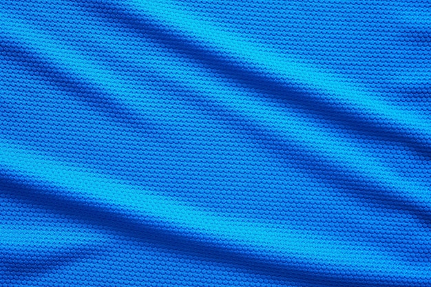 Blauer Fußball Trikot Kleidung Stoff Textur Sportbekleidung Hintergrund, Nahaufnahme Draufsicht