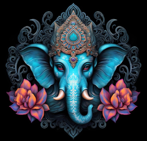 Blauer Ganesh, indischer Gott, gemalt auf schwarzem Hintergrund