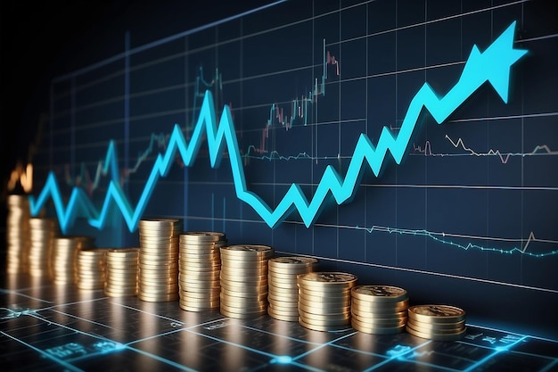 Blauer Geldgeschäftsdiagramm Finanzdiagramm Diagramm über die Wirtschaft 3D-Münzen-Hintergrund