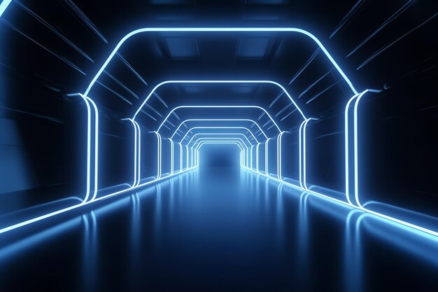 Blauer geometrischer Tunnel und Neonlinien 3D-Rendering Digitale Zeichnung