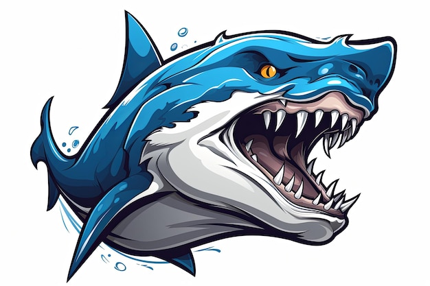 Foto blauer hai-kopf-splash-kartoon-maskottchen mit illustration des esports-logos