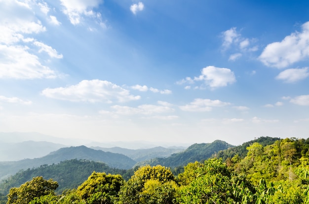 Blauer Himmel aus der Vogelperspektive über den Berg vom Aussichtspunkt Panoen Thung im Kaeng Krachan Nationalpark in der Provinz Phetchaburi in Thailand?