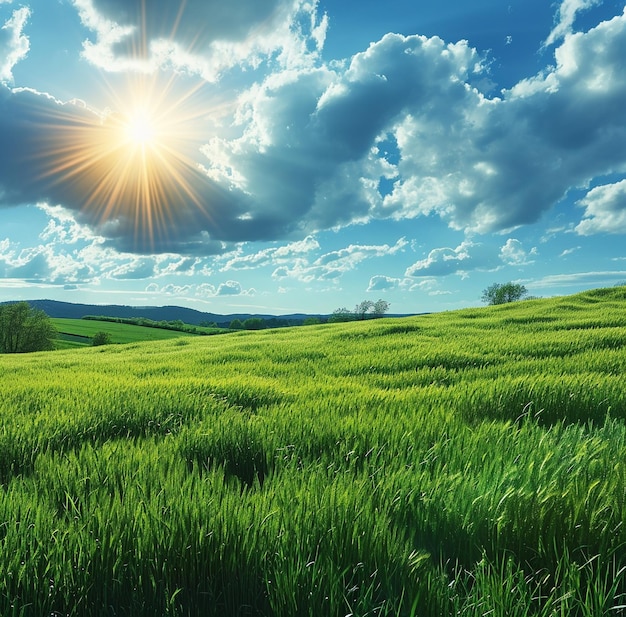 blauer Himmel mit einer leuchtenden Sonne mit einem bunten Grasfeld im Stil kommerzieller Bilder