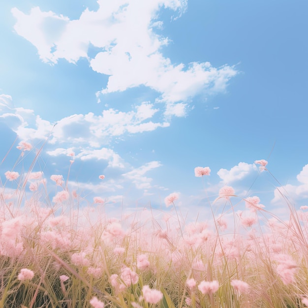 Blauer Himmel mit weichen Wolken über Feldern und Blumen in weichen rosa Tönen wunderschöner Naturhintergrund