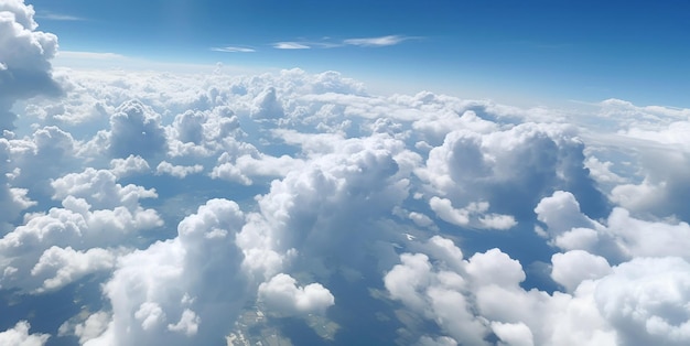 Blauer Himmel mit Wolken aus dem FlugzeugfensterAI Generative
