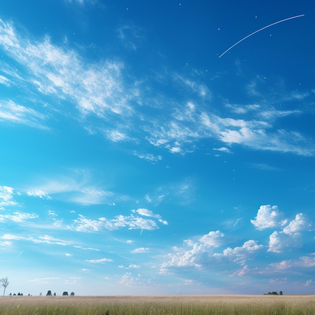 Blauer Himmel mit Wolken und einem fernen Feld