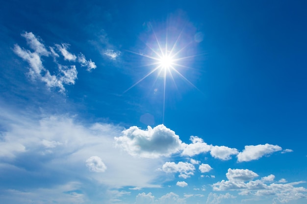 Blauer Himmel mit Wolken und Sonnenreflexion