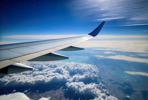 Blauer Himmel und eine Luftaufnahme eines Flugzeugflügels