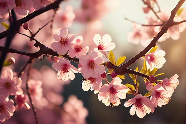 Blauer Himmel und Sakura-Baum mit zarten rosa Blüten blühen AI generiert