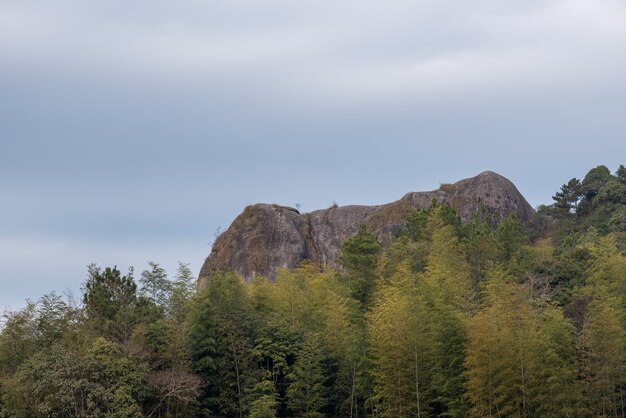 Blauer Himmel und weiße Wolken, alle Arten von Steinen und Pflanzen auf dem Berg