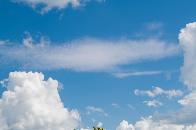 Blauer Himmel und weißer, flauschiger Wolkenhorizont im Freien für den Hintergrund