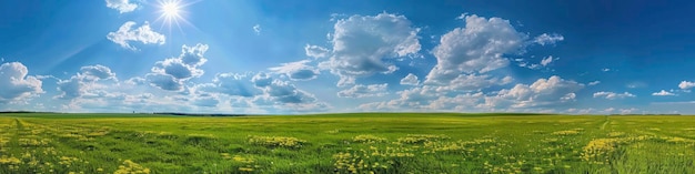 Blauer Himmel, weiße Wolken und grüner Grasland-Hintergrund