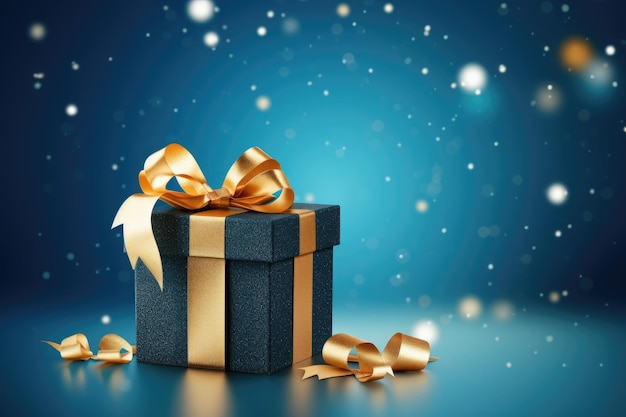 Blauer Hintergrund, goldene Dekorationen funkeln und blaues Band auf einer Geschenkbox für Weihnachtsfeiertage