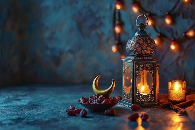 blauer Hintergrund mit 3D-goldenem Halbmond Ramadan Kareem islamisches Konzeptbild