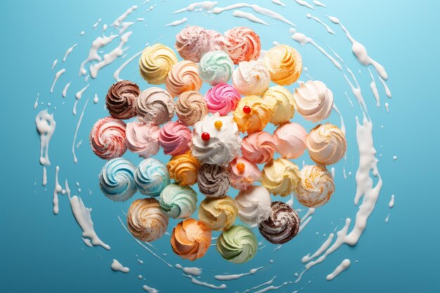 Blauer Hintergrund mit einer großen Gruppe farbenfroher Cupcakes Cupcakes sind in einem Kreis angeordnet, wobei einige von ihnen größer sind als andere Frosting auf Cupcakes ist in verschiedenen Farben