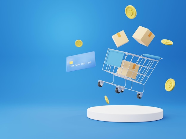 Blauer Hintergrund mit Einkaufswagen und Kreditkarten-Shopping online freier Speicherplatz 3D-Rendering.