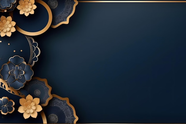 Blauer Hintergrund mit goldenem Rahmen und Blumen