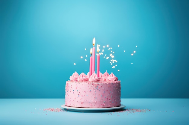 Blauer Hintergrund mit rosa Geburtstagskuchen
