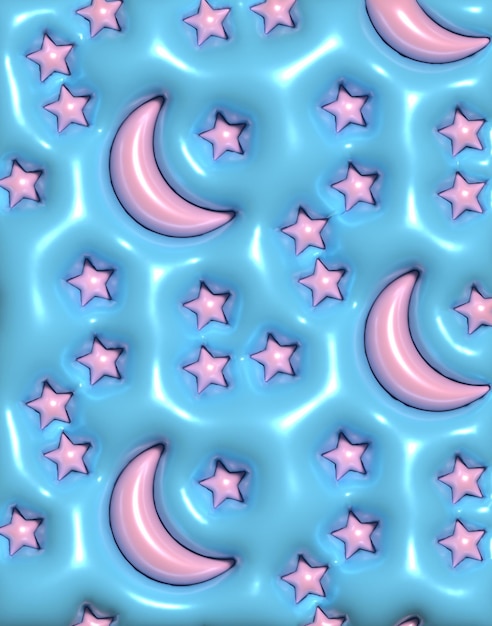 Blauer Hintergrund mit rosa Mond und Sterne aufgeblähte Figuren 3D-Rendering-Illustration