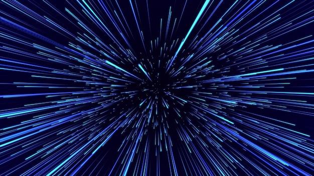 Blauer Hypersprung Digitaler Hyperraum mit Sternenexplosion Abstrakter futuristischer Geschwindigkeitshintergrund Dynamische Bewegungslinien auf blauem Hintergrund 3D-Rendering