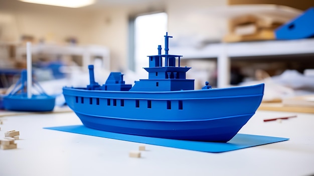 Blauer industrieller Plastilin-Prototyp auf weißem Tisch 3D-Drucker
