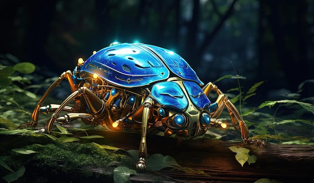 Blauer Käfer auf einem Waldboden mit Lichtern im Stil von Illustrationen des Goldenen Zeitalters