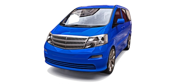 Blauer kleiner Minivan für den Transport von Personen. Dreidimensionale Darstellung auf einem glänzenden grauen Hintergrund. 3D-Rendering.