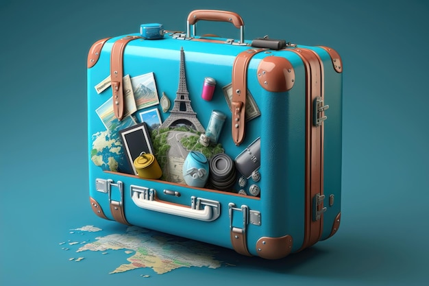 Blauer Koffer voller Reisezubehör auf blauem Hintergrund AI-Generation