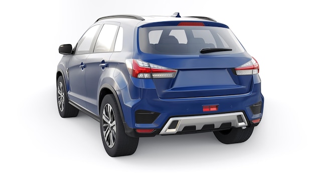 Blauer kompakter urbaner SUV auf einem weißen einheitlichen Hintergrund mit einem leeren Körper für Ihr Design 3D-Rendering