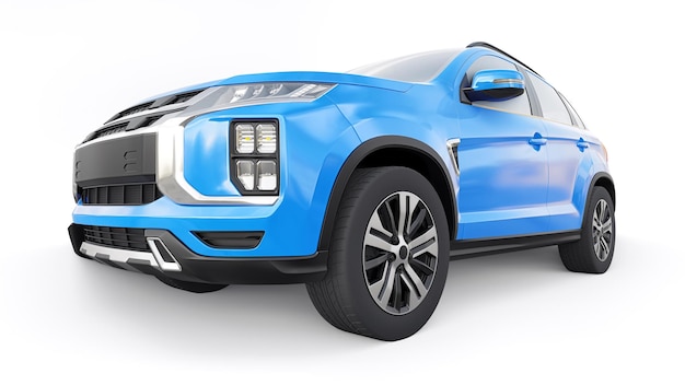 Blauer kompakter urbaner SUV auf einem weißen einheitlichen Hintergrund mit einem leeren Körper für Ihr Design 3D-Rendering